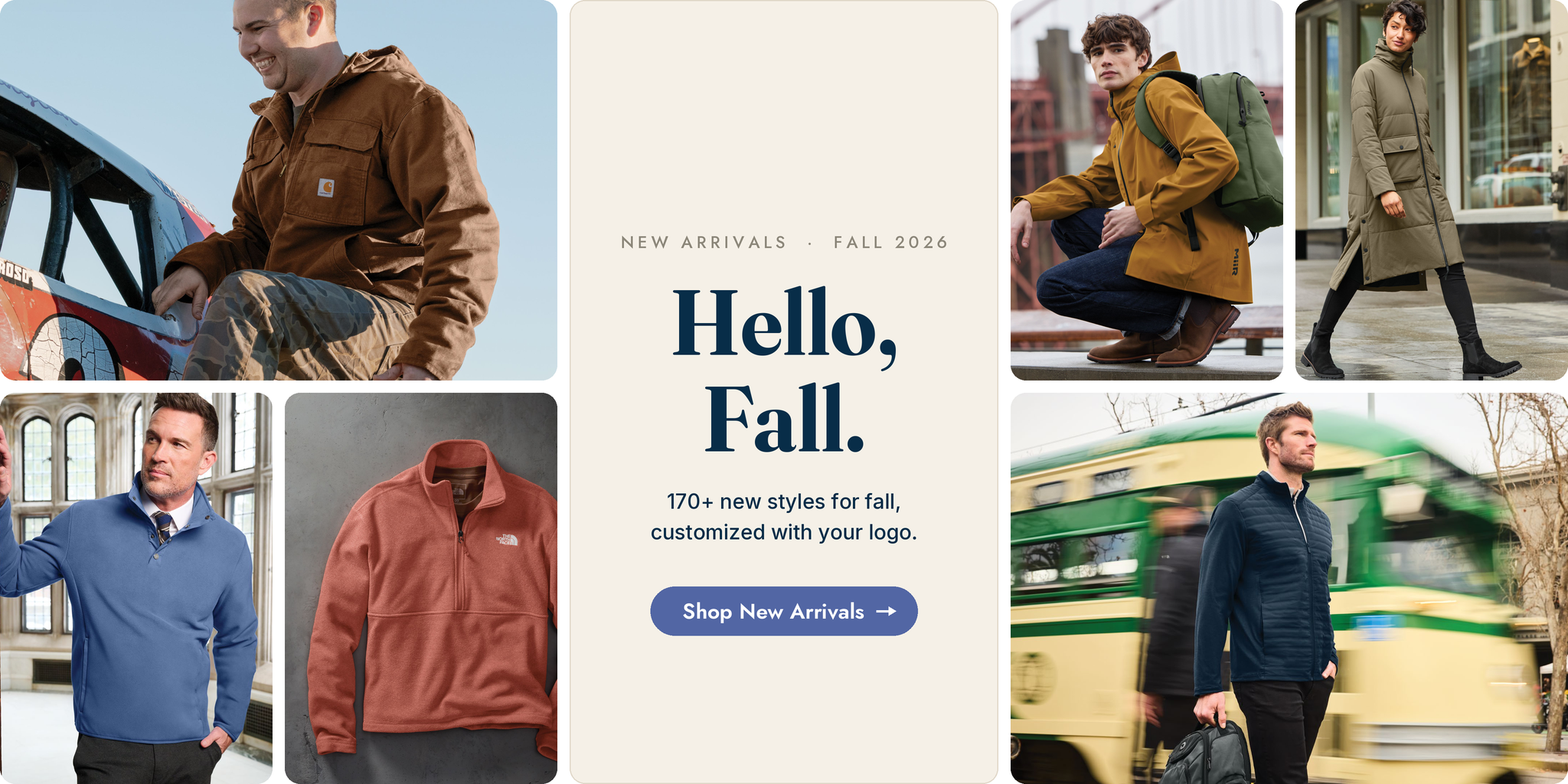 A promotional collage for fall apparel with multiple lifestyle photos of men wearing jackets, sweaters, and coats, plus a central cream panel reading 'Hello, Fall.' and 'New Arrivals - Fall 2026' with a 'Shop New Arrivals' button.